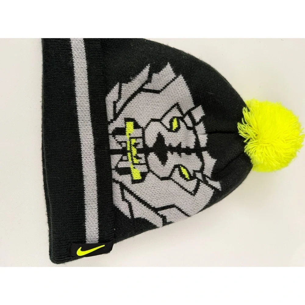 Nike Youth NFL Oakland Raiders Beanie Knit Hat Black Grey Volt Yellow Pom Pom
